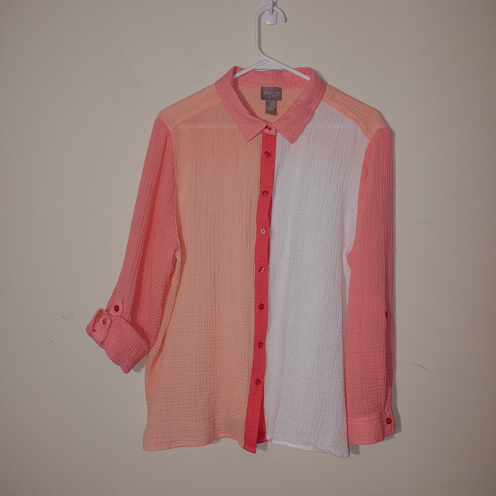 Chico's Color Block Roll Tab Cotton Button Down Gauze Shirt Size 3 Pink White